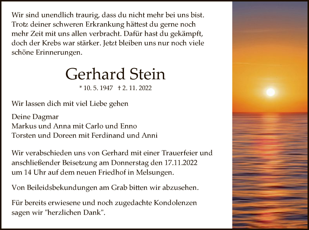  Traueranzeige für Gerhard Stein vom 12.11.2022 aus HNA