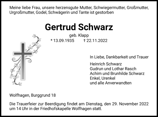 Traueranzeige von Gertrud Schwarz von HNA
