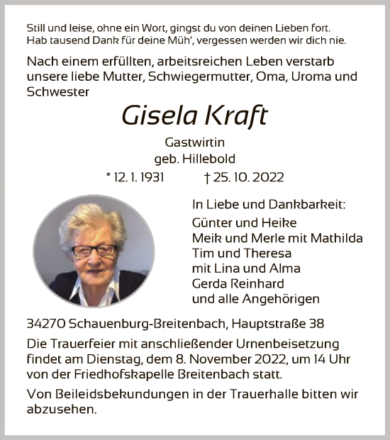 Traueranzeigen von Gisela Kraft | Trauer.HNA.de