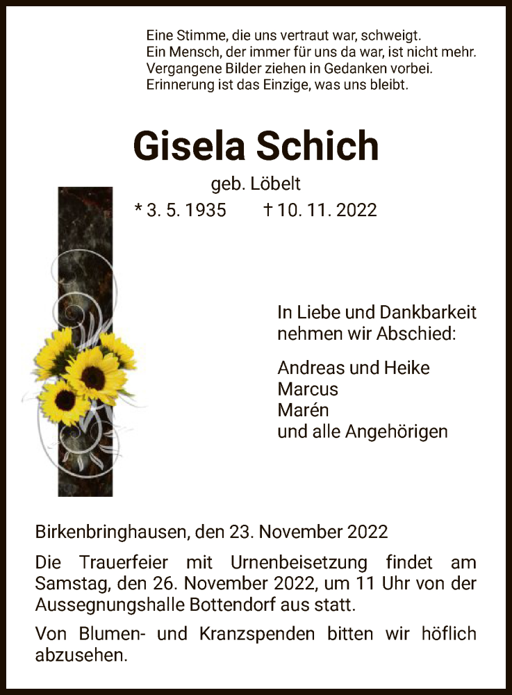  Traueranzeige für Gisela Schich vom 23.11.2022 aus HNA