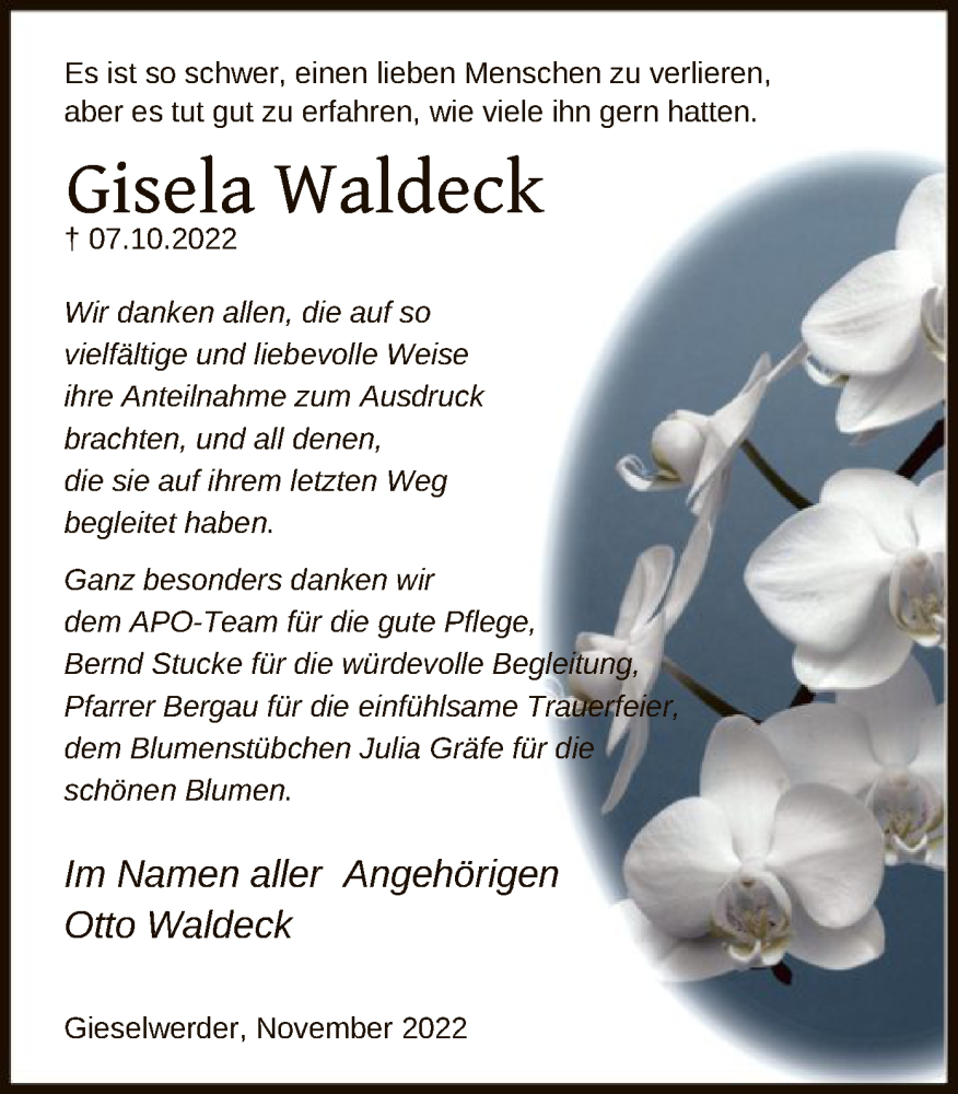  Traueranzeige für Gisela Waldeck vom 30.11.2022 aus HNA