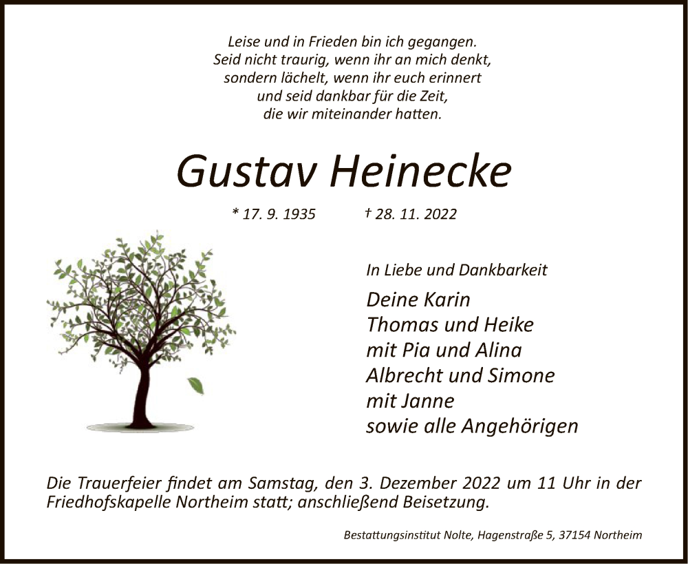 Traueranzeige für Gustav Heinecke vom 30.11.2022 aus HNA