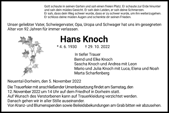 Traueranzeige von Hans Knoch von HNA