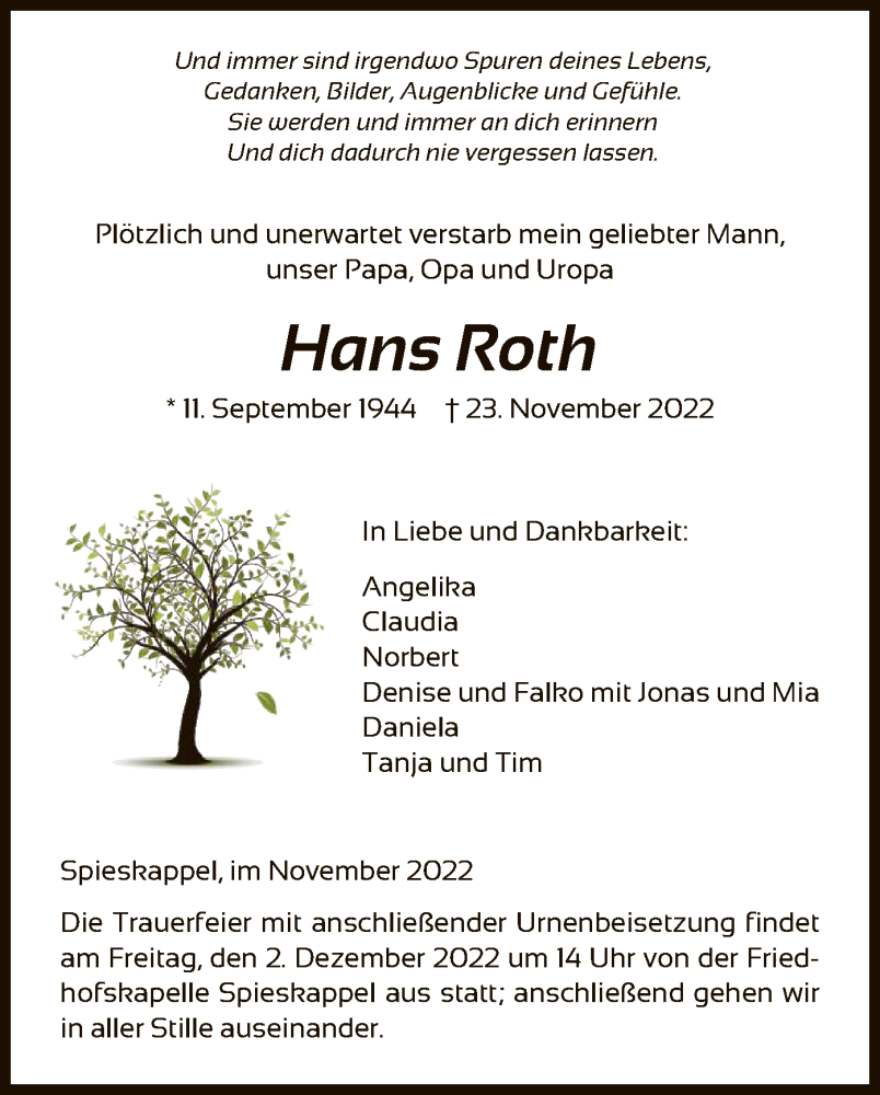  Traueranzeige für Hans Roth vom 29.11.2022 aus HNA