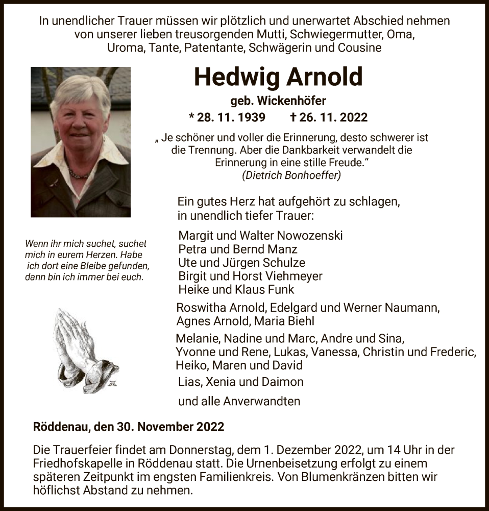  Traueranzeige für Hedwig Arnold vom 30.11.2022 aus HNA