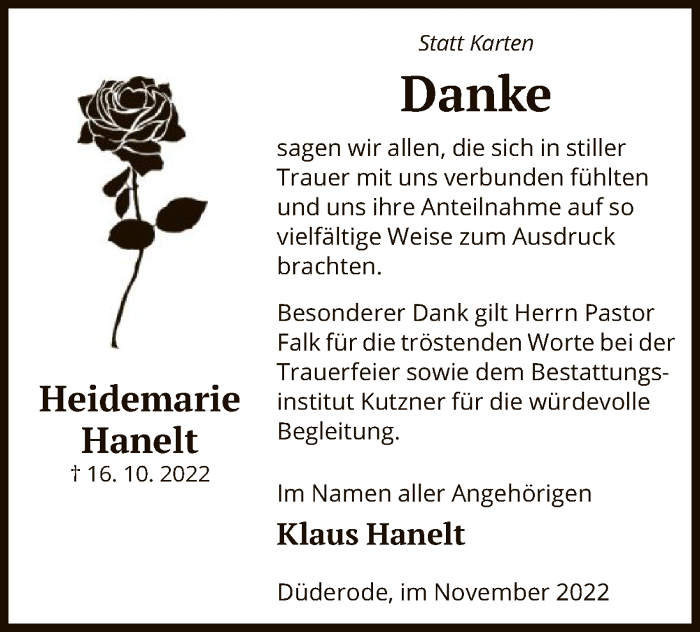  Traueranzeige für Heidemarie Hanelt vom 19.11.2022 aus HNA