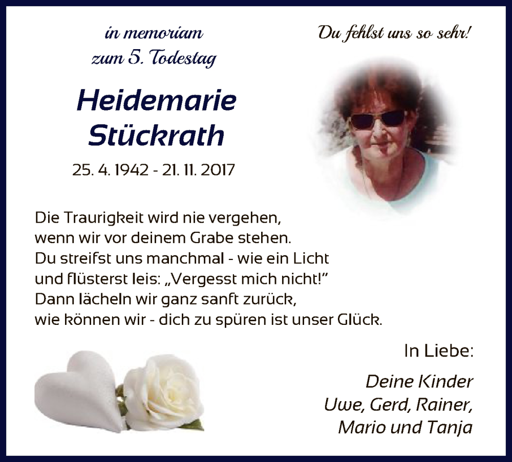  Traueranzeige für Heidemarie Stückrath vom 21.11.2022 aus HNA