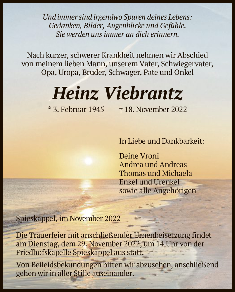  Traueranzeige für Heinz Viebrantz vom 24.11.2022 aus HNA