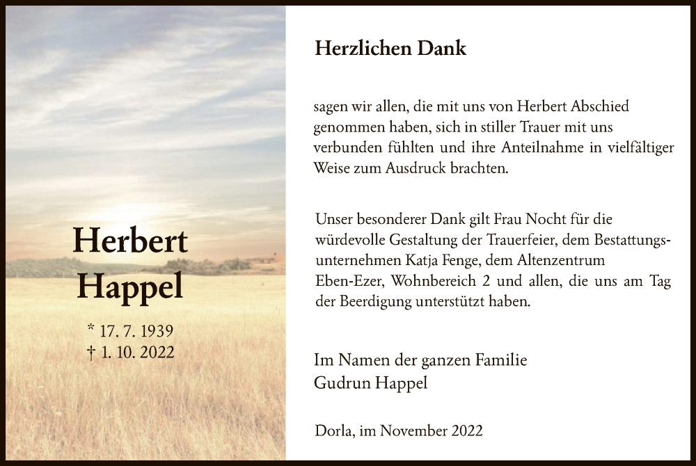  Traueranzeige für Herbert Happel vom 12.11.2022 aus HNA