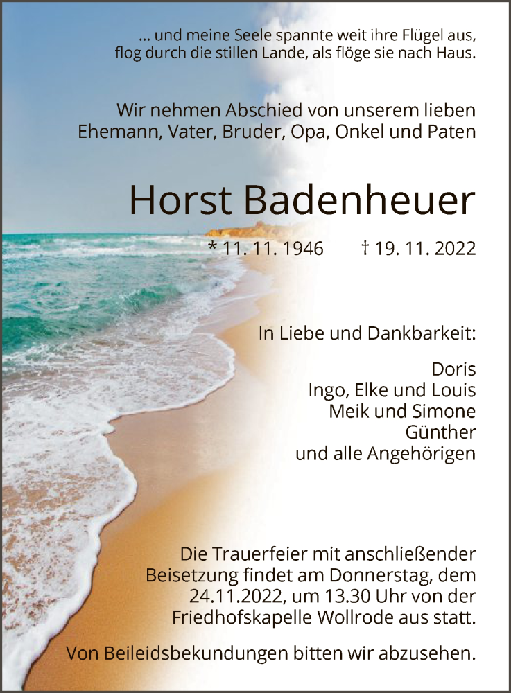  Traueranzeige für Horst Badenheuer vom 22.11.2022 aus HNA
