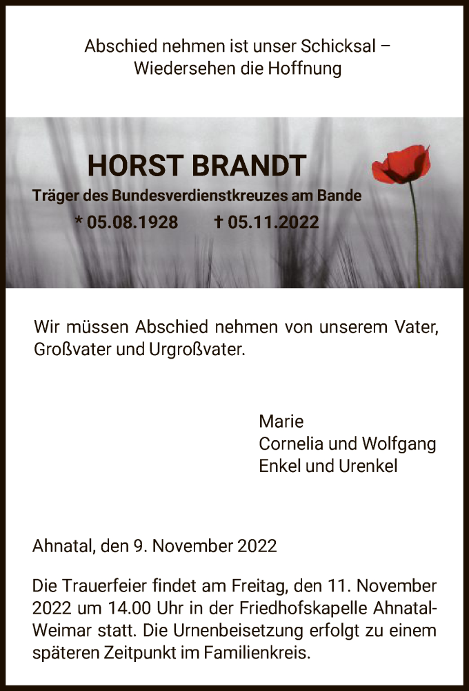  Traueranzeige für Horst Brandt vom 09.11.2022 aus HNA