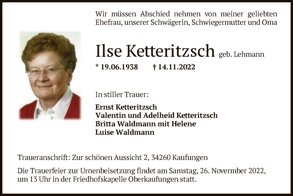  Traueranzeige für Ilse Ketteritzsch vom 22.11.2022 aus HNA