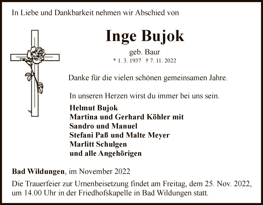  Traueranzeige für Inge Bujok vom 19.11.2022 aus WLZ