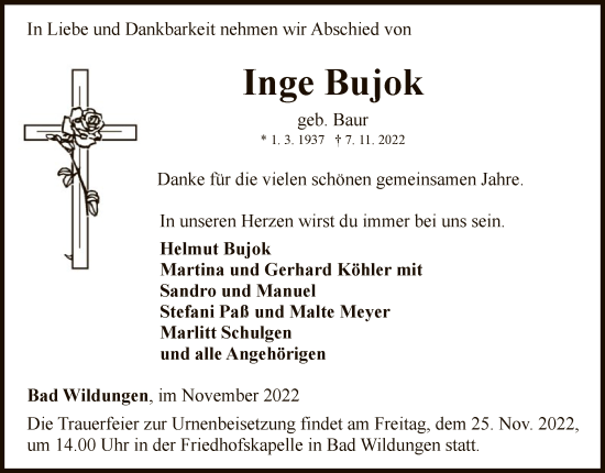 Traueranzeige von Inge Bujok von WLZ