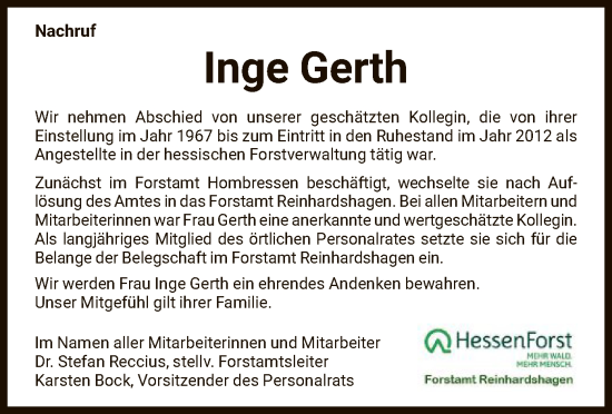 Traueranzeige von Inge Gerth von HNA
