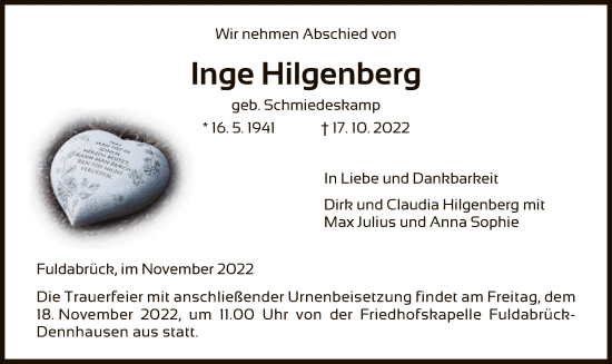 Traueranzeige von Inge Hilgenberg von HNA