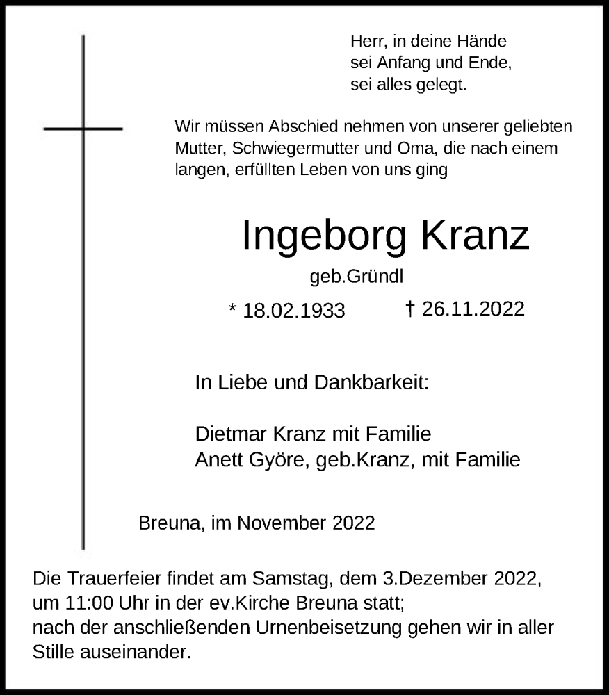  Traueranzeige für Ingeborg Kranz vom 29.11.2022 aus HNA