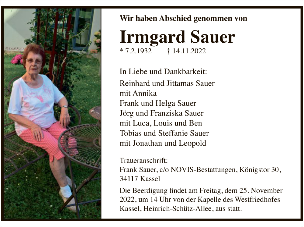  Traueranzeige für Irmgard Sauer vom 19.11.2022 aus HNA