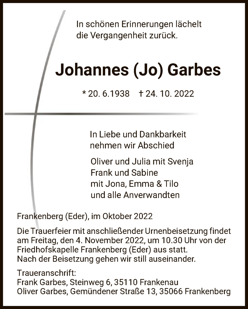 Traueranzeige für Johannes Garbes vom 01.11.2022 aus HNA