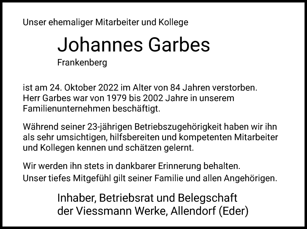  Traueranzeige für Johannes Garbes vom 05.11.2022 aus HNA