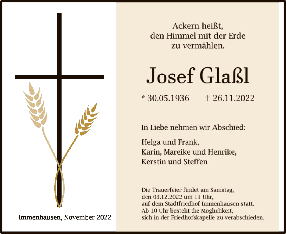  Traueranzeige für Josef Glaßl vom 30.11.2022 aus HNA