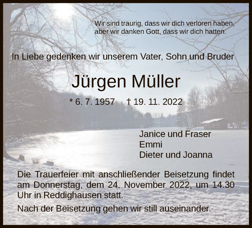  Traueranzeige für Jürgen Müller vom 23.11.2022 aus HNA