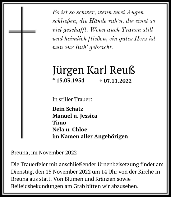 Traueranzeige von Jürgen Karl Reuß von HNA