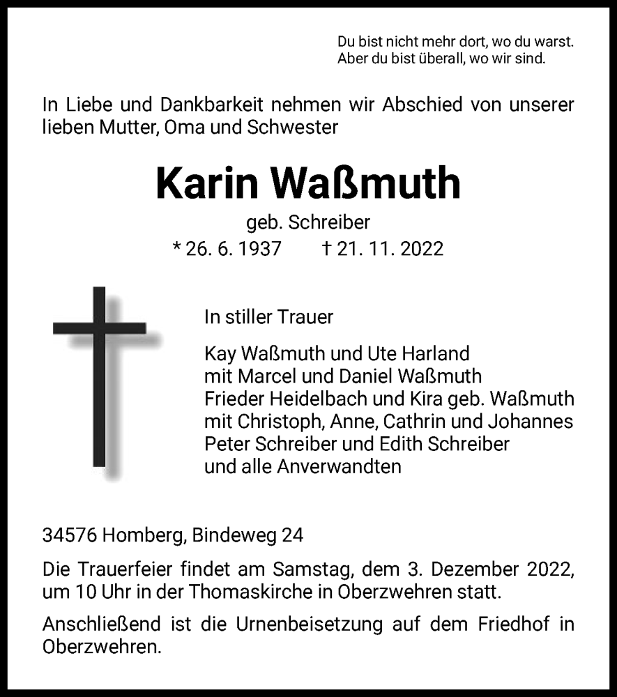  Traueranzeige für Karin Waßmuth vom 30.11.2022 aus HNA