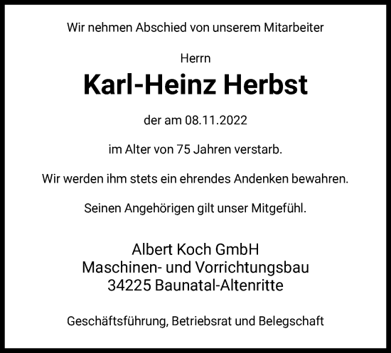 Traueranzeige von Karl-Heinz Herbst von HNA