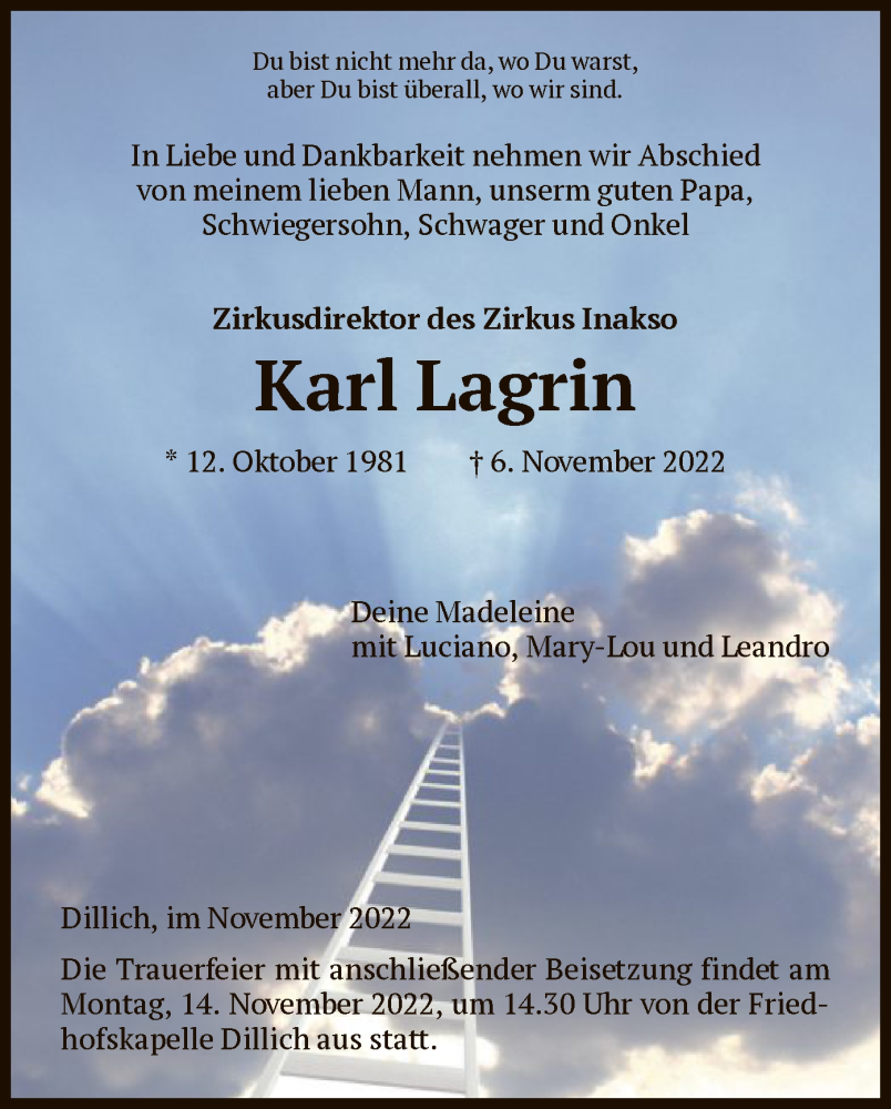  Traueranzeige für Karl Lagrin vom 11.11.2022 aus HNA