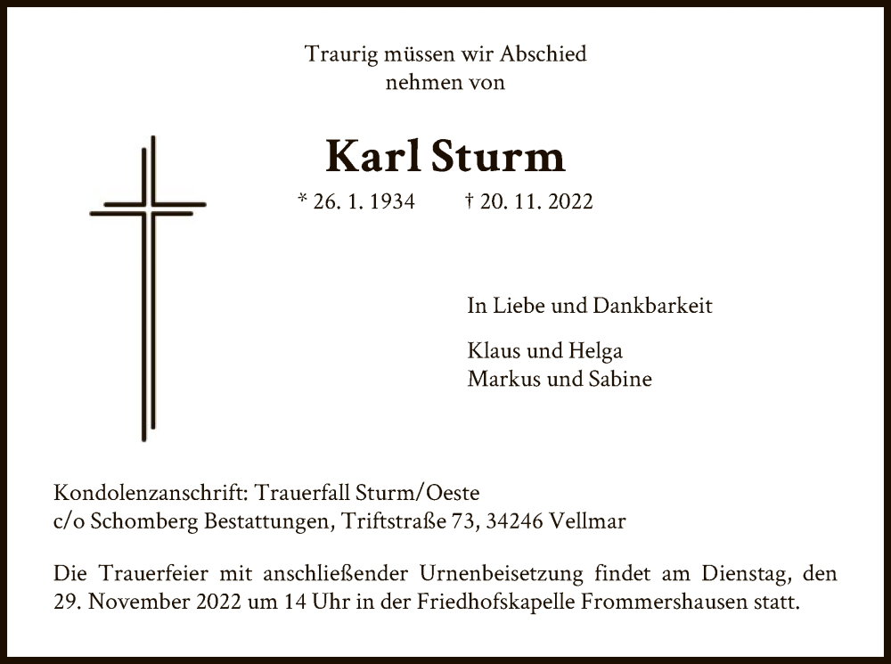  Traueranzeige für Karl Sturm vom 25.11.2022 aus HNA