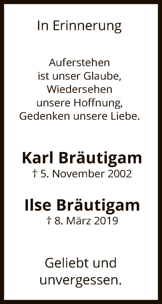 Traueranzeige von Karl und Ilse Bräutigam von HNA