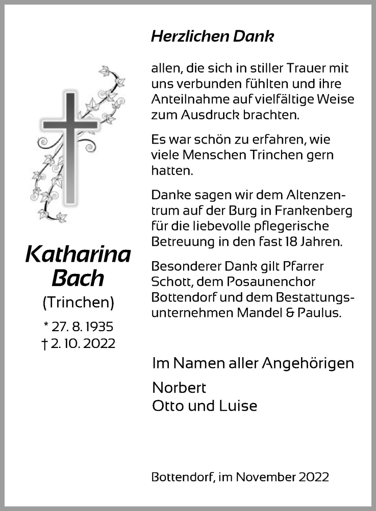  Traueranzeige für Katharina Bach vom 12.11.2022 aus HNA