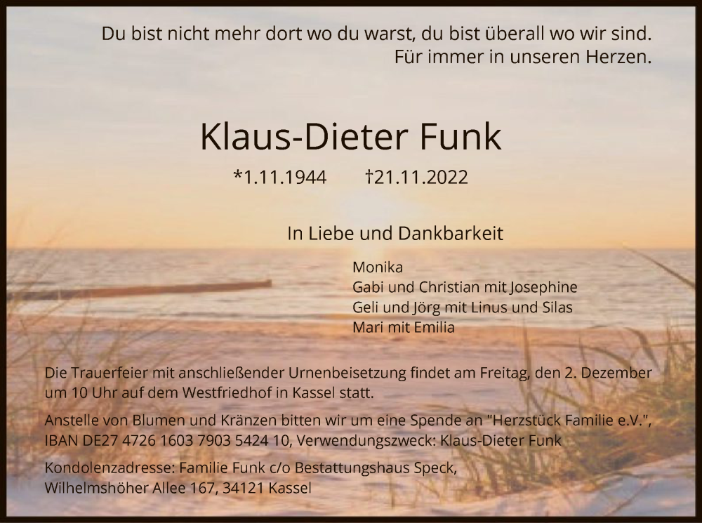  Traueranzeige für Klaus-Dieter Funk vom 29.11.2022 aus HNA