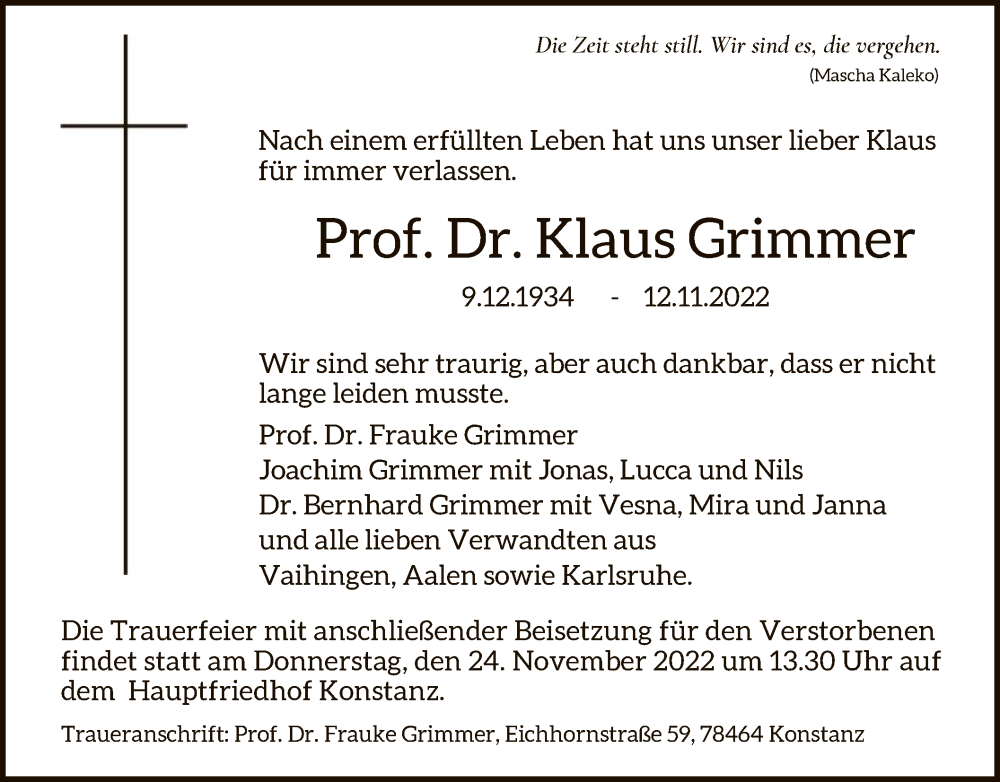  Traueranzeige für Klaus Grimmer vom 19.11.2022 aus HNA