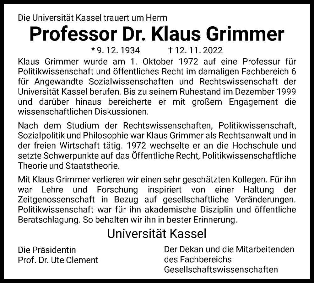  Traueranzeige für Klaus Grimmer vom 30.11.2022 aus HNA