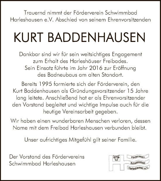 Traueranzeige von Kurt Baddenhausen von HNA