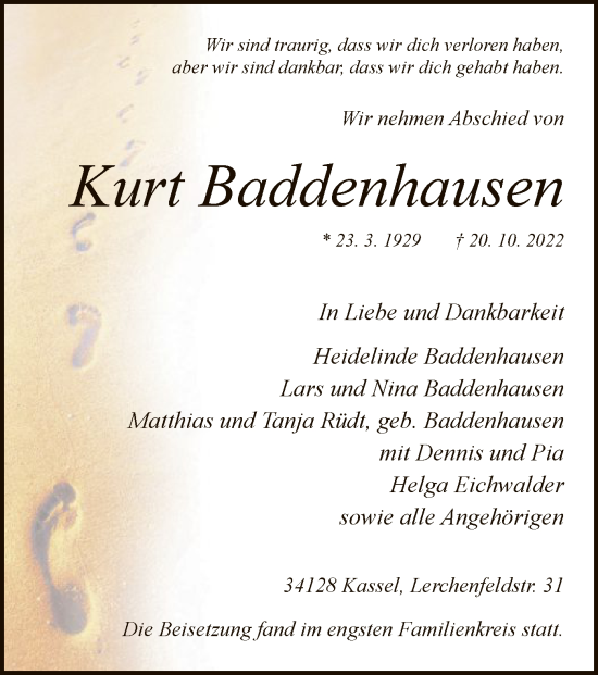 Traueranzeige von Kurt Baddenhausen von HNA