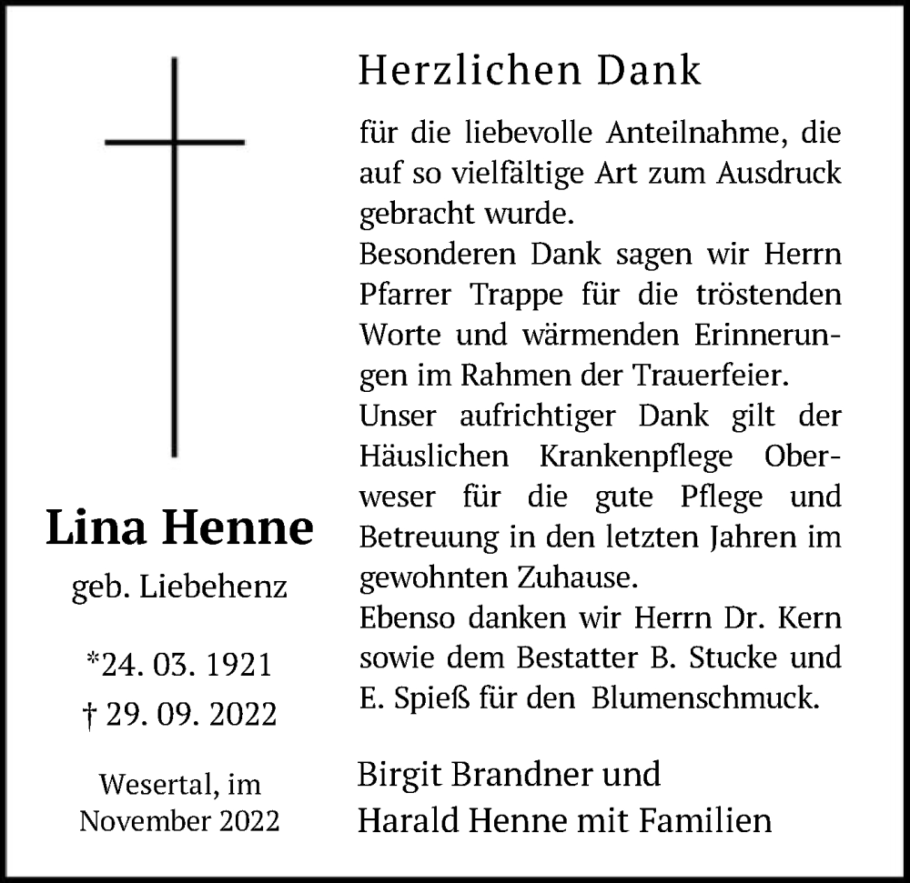  Traueranzeige für Lina Henne vom 09.11.2022 aus HNA