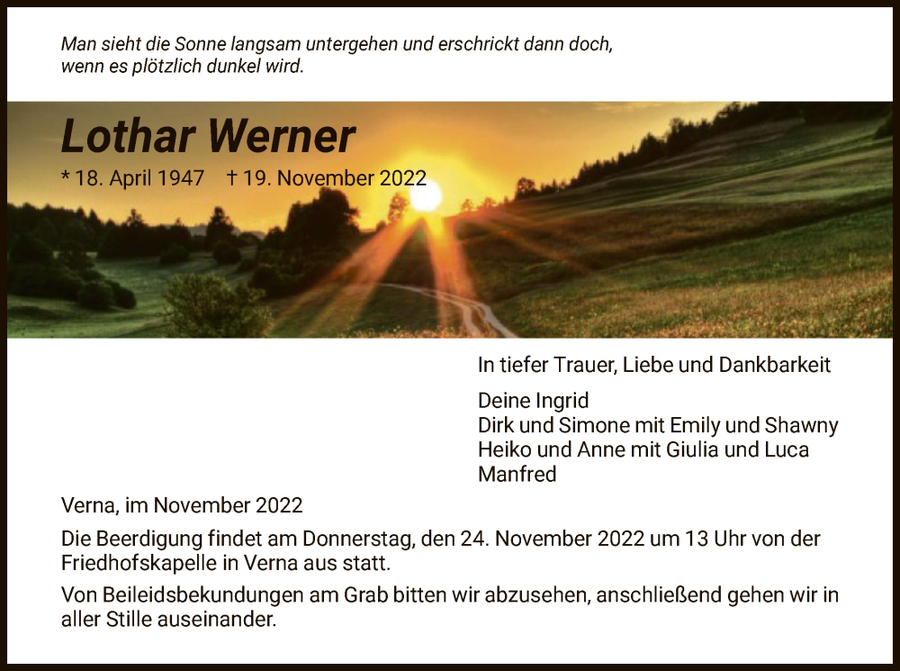  Traueranzeige für Lothar Werner vom 22.11.2022 aus HNA