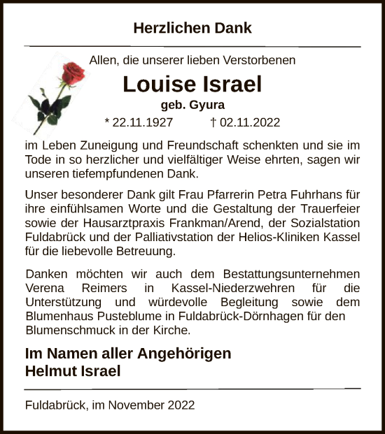 Traueranzeige von Louise Israel von HNA