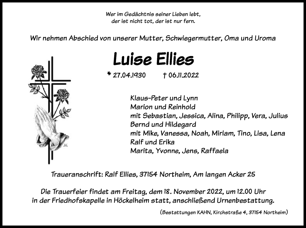  Traueranzeige für Luise Ellies vom 12.11.2022 aus HNA