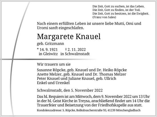 Traueranzeige von Margarete Knauel von HNA