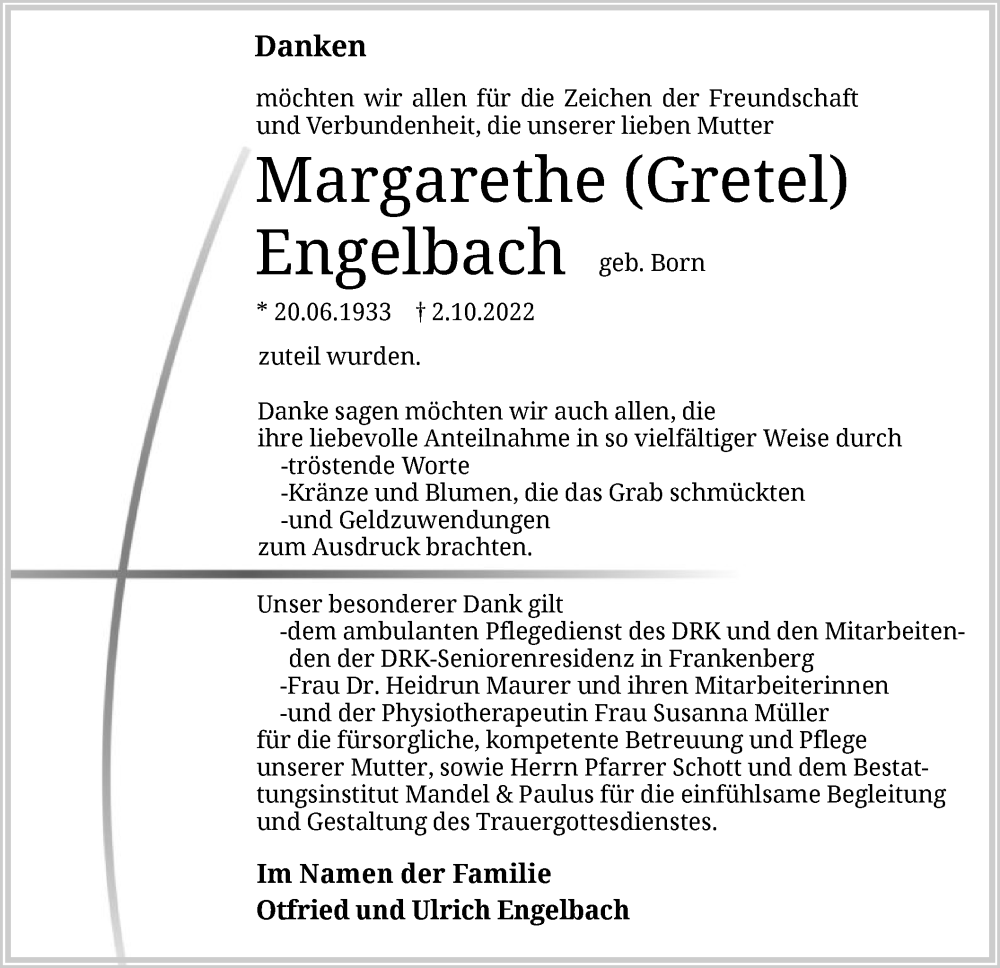  Traueranzeige für Margarethe Engelbach vom 26.11.2022 aus HNA