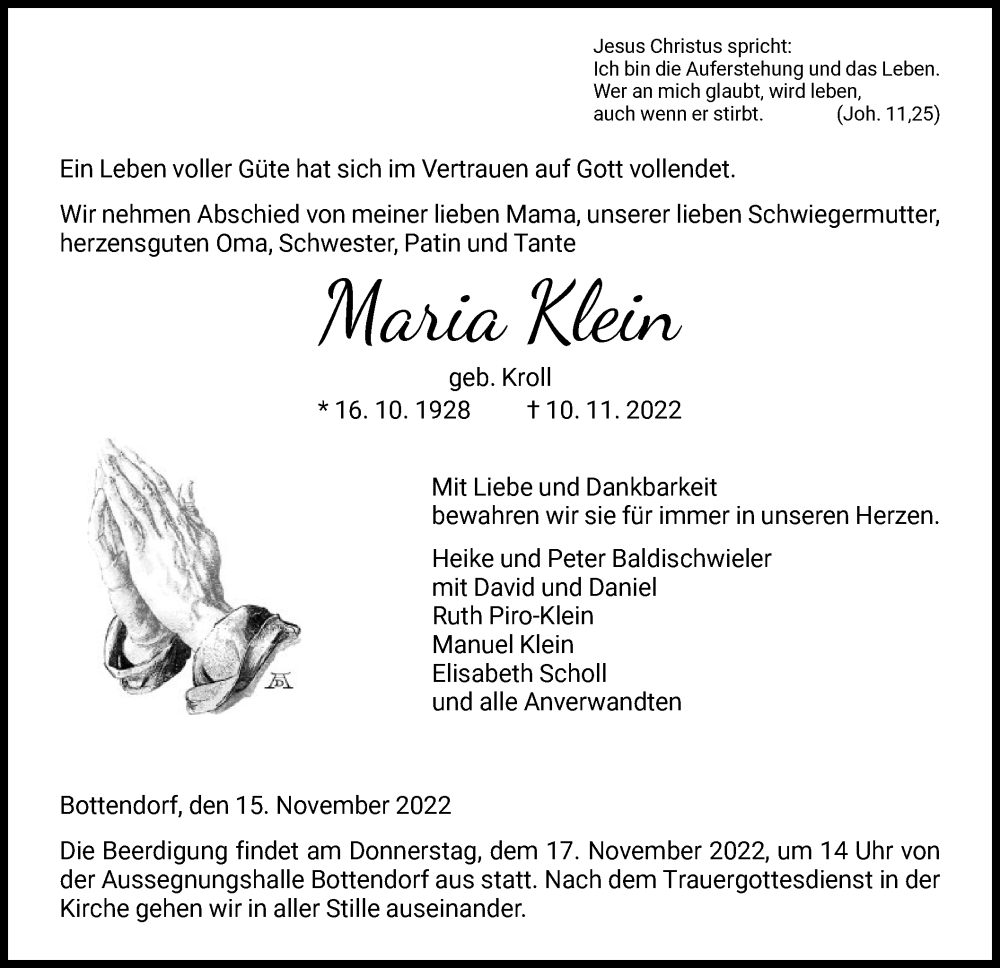  Traueranzeige für Maria Klein vom 15.11.2022 aus HNA