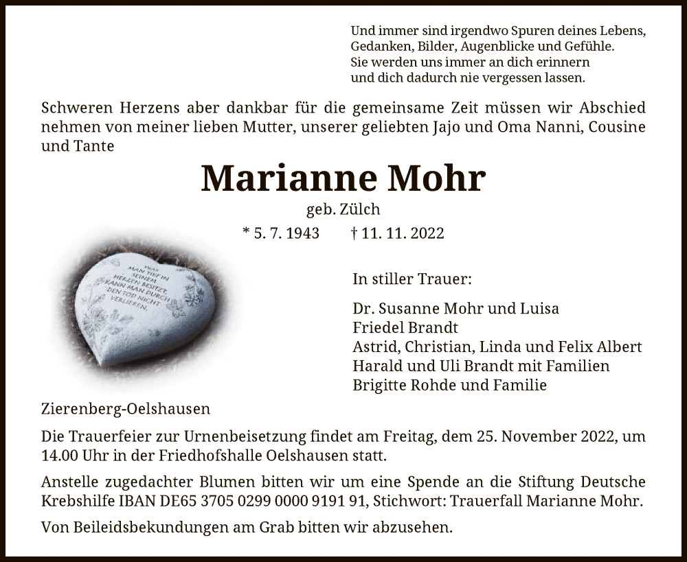  Traueranzeige für Marianne Mohr vom 18.11.2022 aus HNA