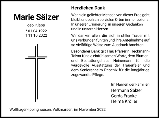 Traueranzeige von Marie Sälzer von HNA
