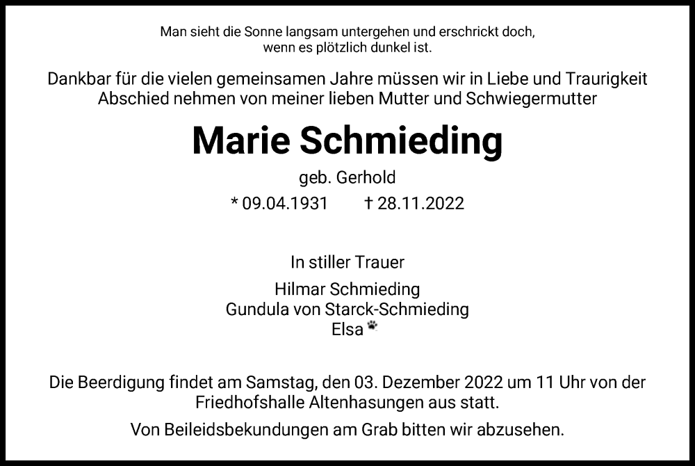  Traueranzeige für Marie Schmieding vom 30.11.2022 aus HNA