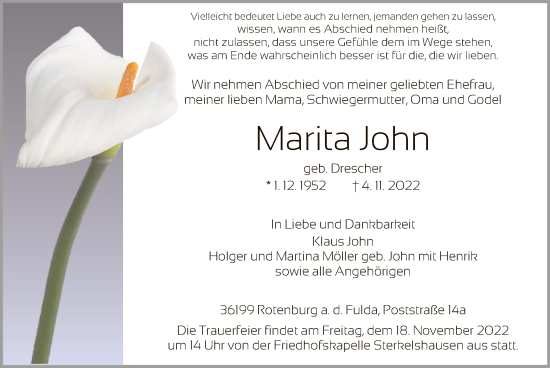 Traueranzeige von Marita John von HNA