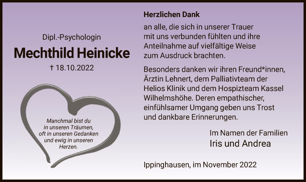  Traueranzeige für Mechthild Heinicke vom 12.11.2022 aus HNA